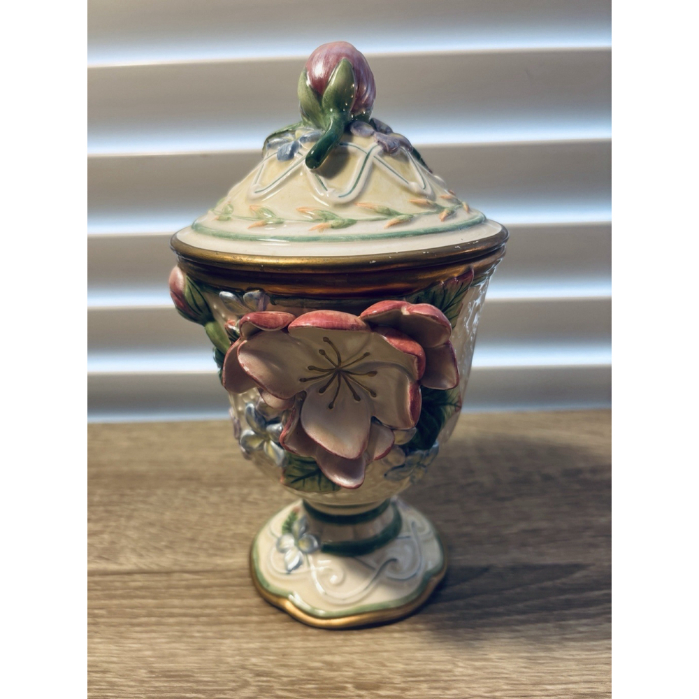 Fitz and Floyd Garden Rhapsody Ceramic Floral Lidded Urn 9 Inch